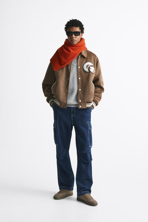 Men's Faux Fur Baseball Jacket Warm Tan Spring