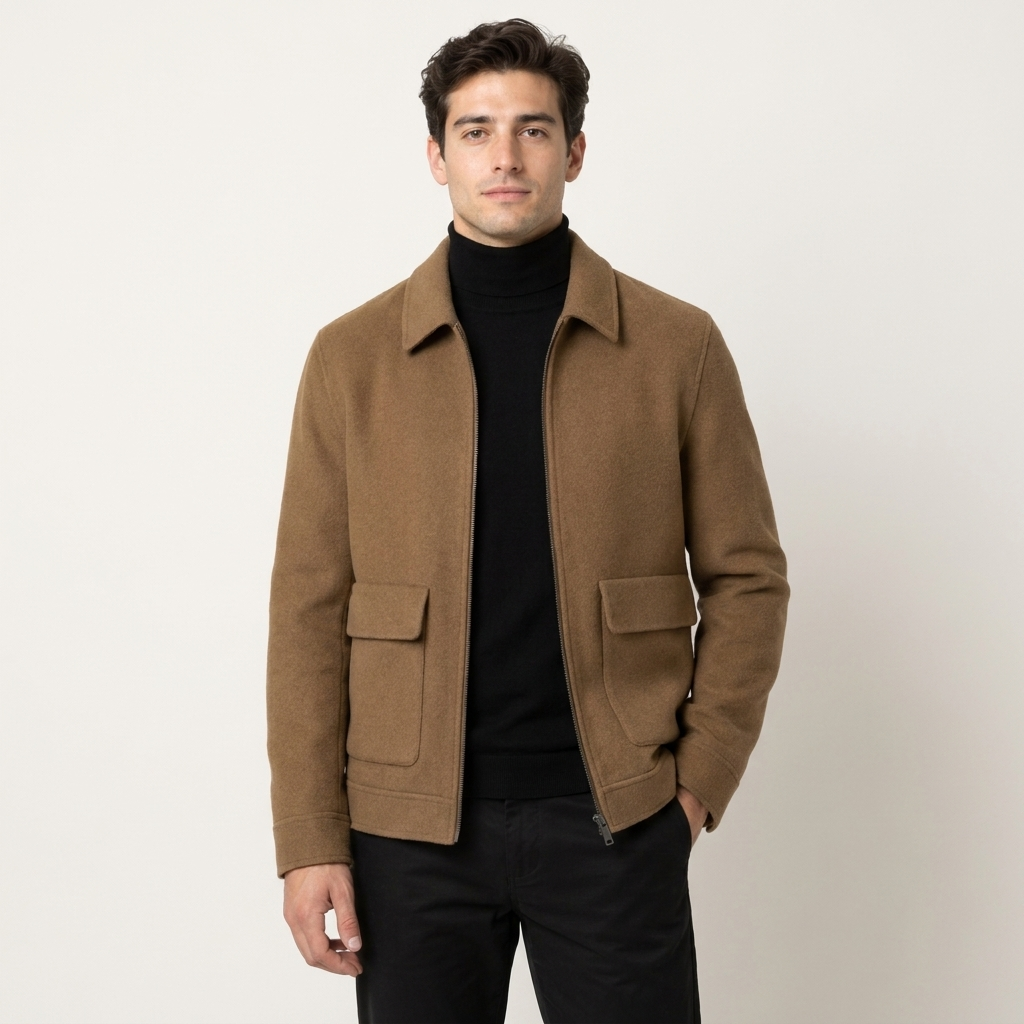 Men’s Wool Jacket Mandarin Collar Loose Fit Lightweight Outerwear