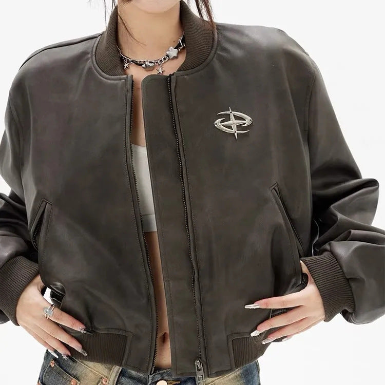 Women's Bomber Jacket Leather Loose Fit Warm