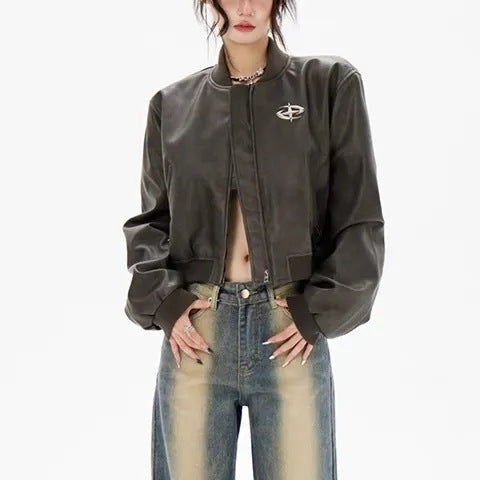Women's Bomber Jacket Leather Loose Fit Warm