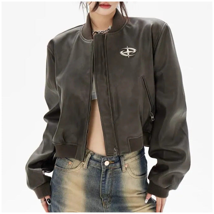 Women's Bomber Jacket Leather Loose Fit Warm