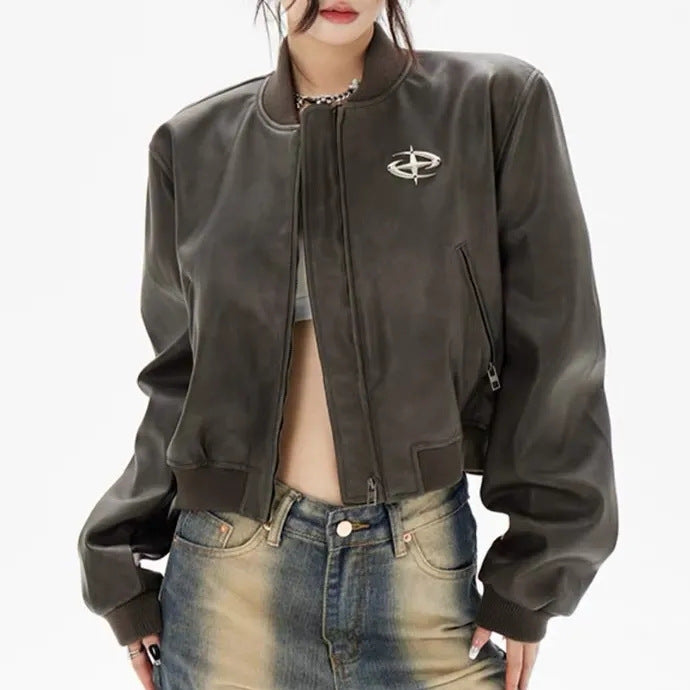 Women's Bomber Jacket Leather Loose Fit Warm
