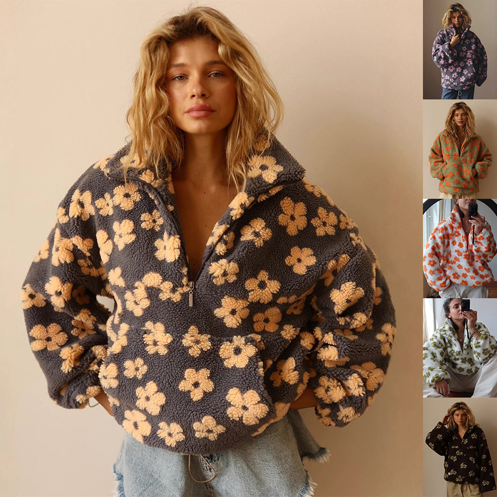 Women's Fleece Jacket Floral Lambskin Warm Quarter Zip Top