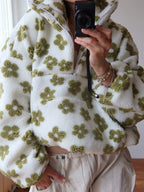 Women's Fleece Jacket Floral Lambskin Warm Quarter Zip Top