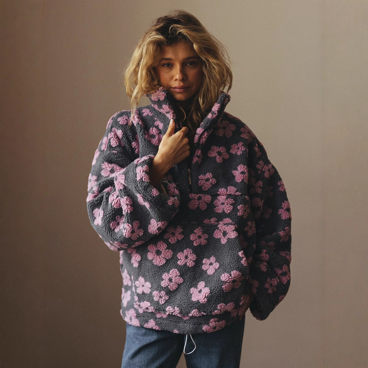 Women's Fleece Jacket Floral Lambskin Warm Quarter Zip Top