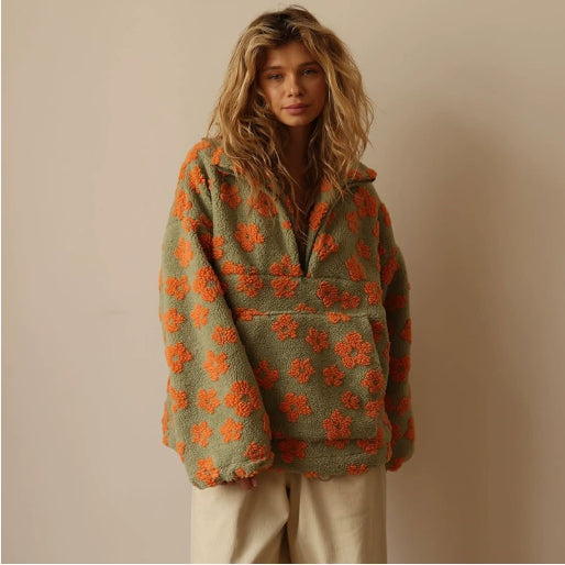 Women's Fleece Jacket Floral Lambskin Warm Quarter Zip Top