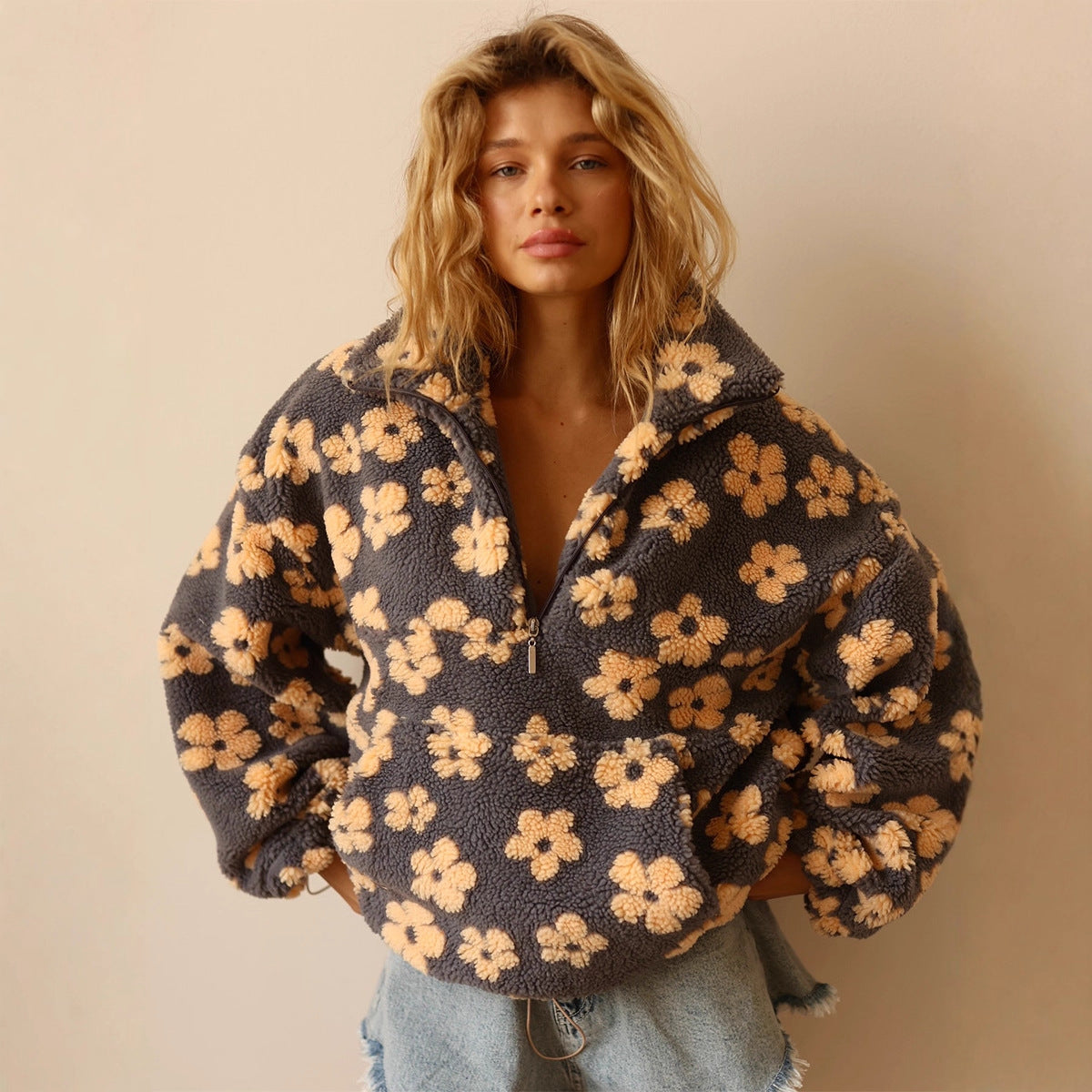 Women's Fleece Jacket Floral Lambskin Warm Quarter Zip Top