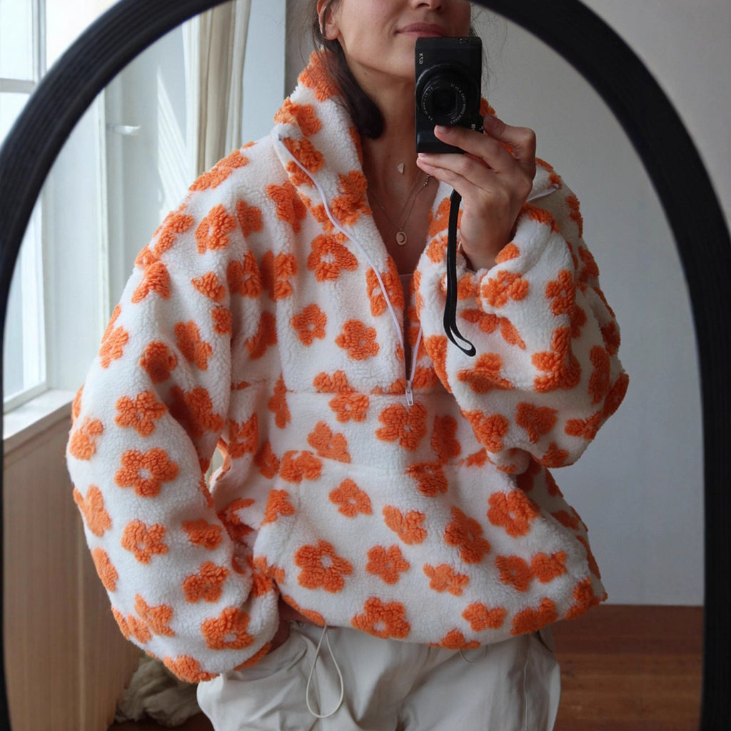 Women's Fleece Jacket Floral Lambskin Warm Quarter Zip Top