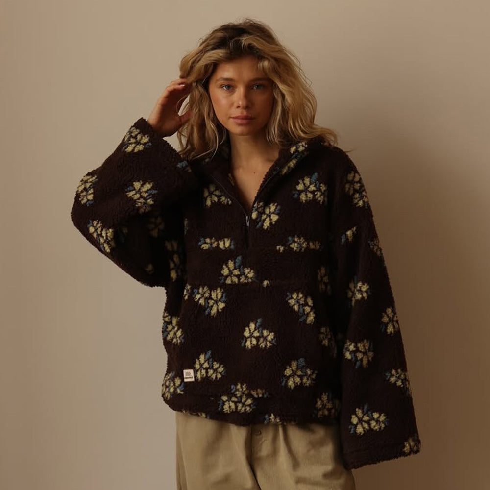 Women's Fleece Jacket Floral Lambskin Warm Quarter Zip Top