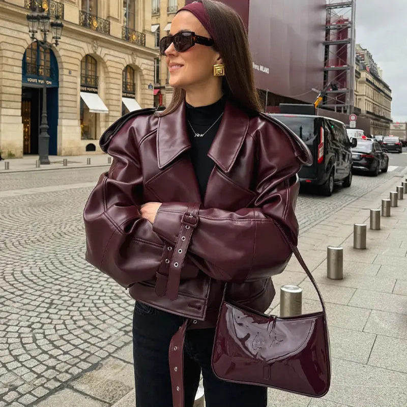 Women's Leather Jacket Black Cropped Lapel Fit Casual Coat