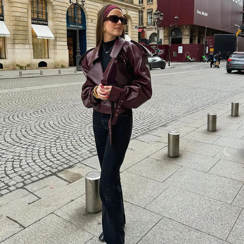Women's Leather Jacket Black Cropped Lapel Fit Casual Coat