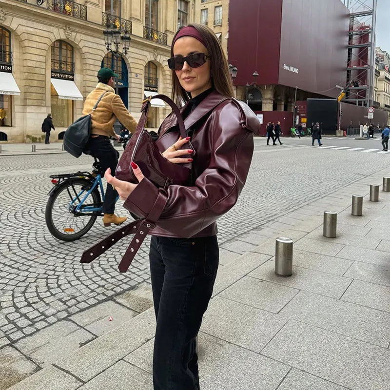 Women's Leather Jacket Black Cropped Lapel Fit Casual Coat