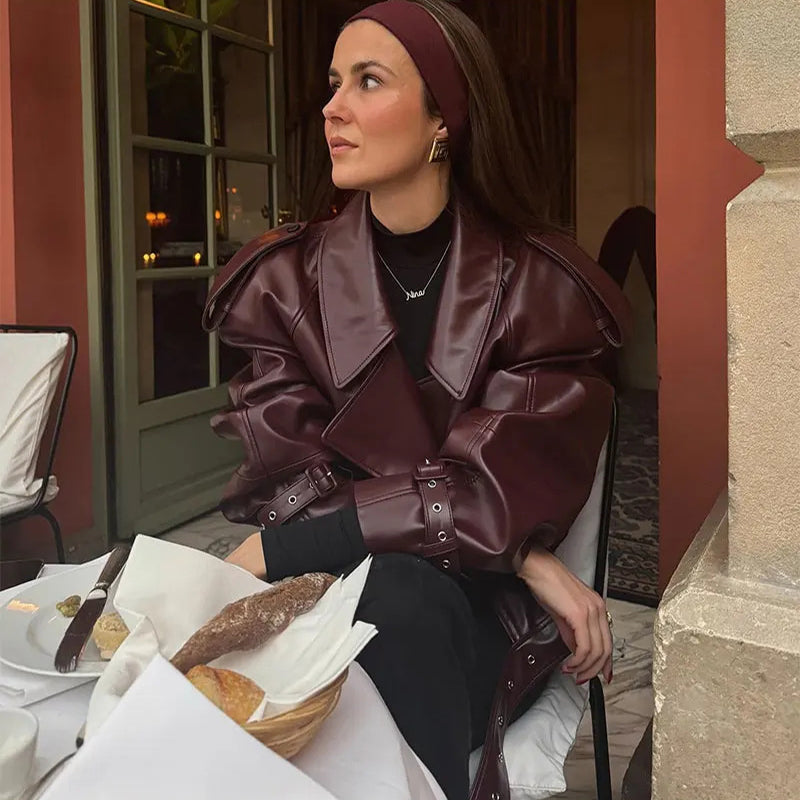 Women's Leather Jacket Black Cropped Lapel Fit Casual Coat