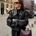 Women's Leather Jacket Black Cropped Lapel Fit Casual Coat