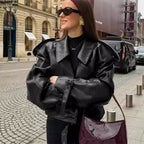 Women's Leather Jacket Black Cropped Lapel Fit Casual Coat