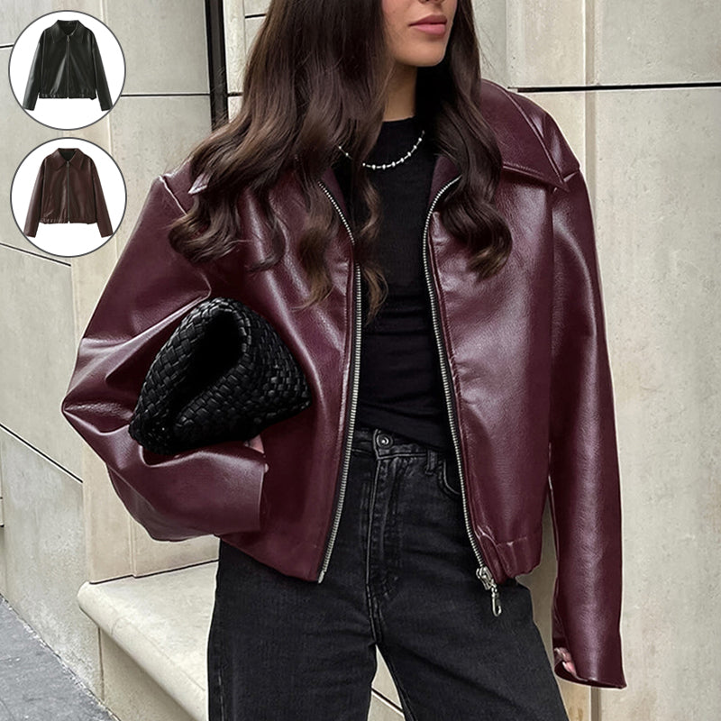 Women's Solid Color Lapel Zipper Leather Jacket