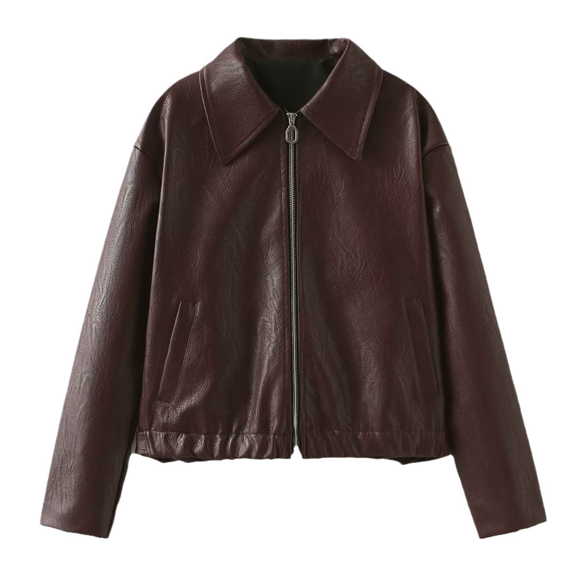 Women's Solid Color Lapel Zipper Leather Jacket