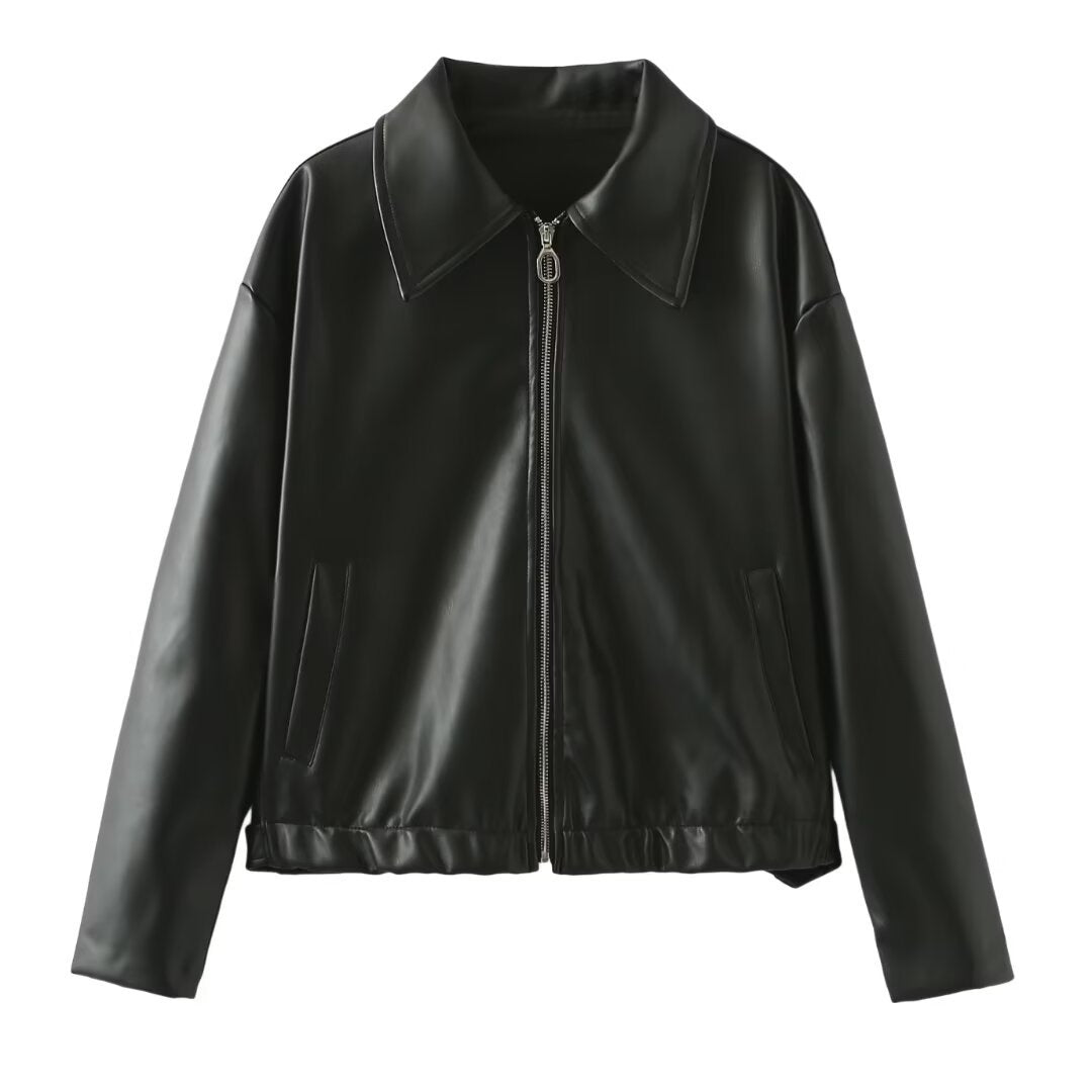 Women's Solid Color Lapel Zipper Leather Jacket