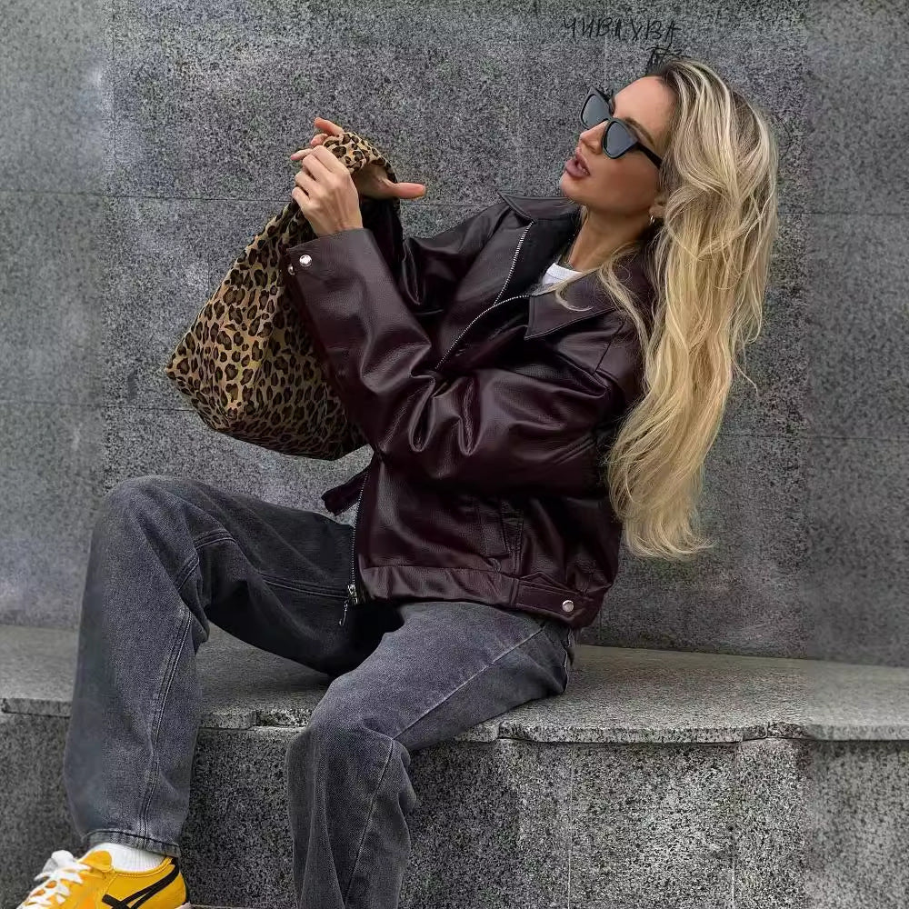 Women's Solid Color Lapel Zipper Leather Jacket