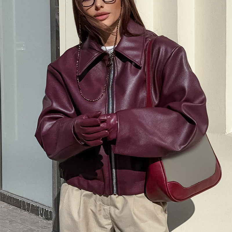 Women's Solid Color Lapel Zipper Leather Jacket