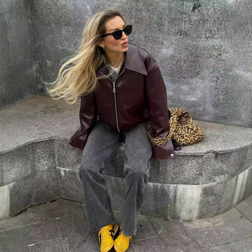 Women's Solid Color Lapel Zipper Leather Jacket