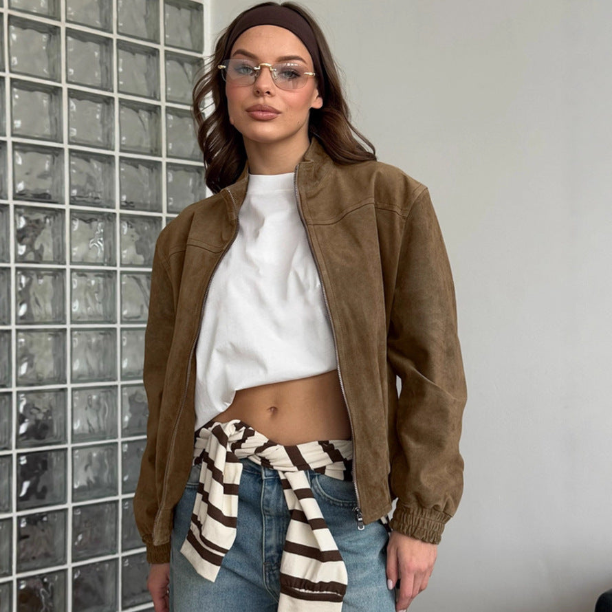 Women's Suede Jacket Zip Front Stand Collar Khaki Crop