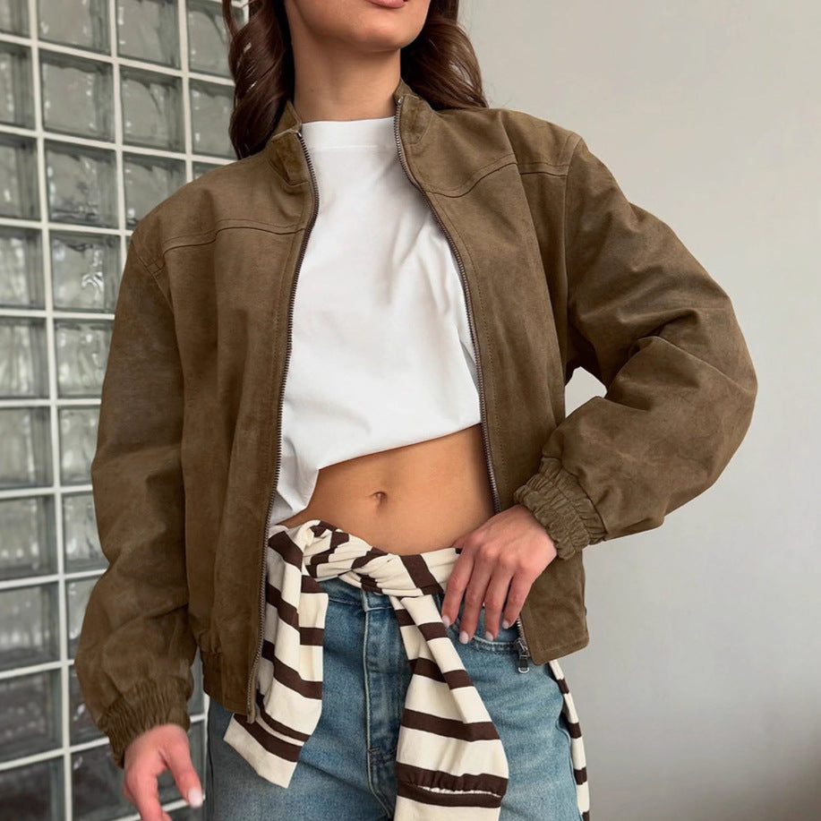 Women's Suede Jacket Zip Front Stand Collar Khaki Crop