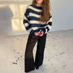 Women's Sweater Striped Pullover Knit Loose Fit Soft Warmth