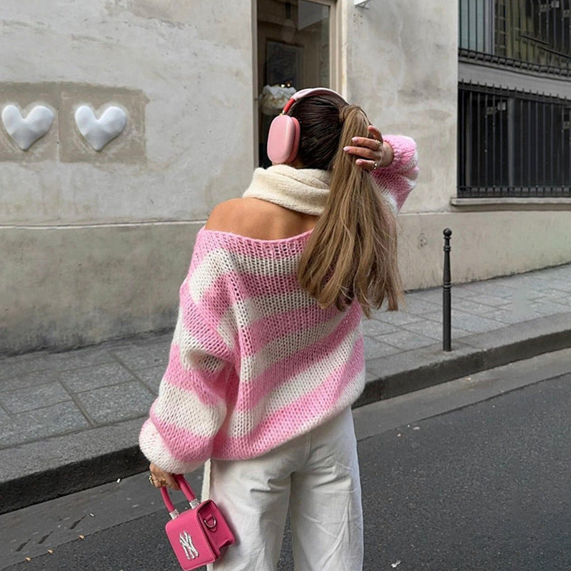 Women's Sweater Striped Pullover Knit Loose Fit Soft Warmth
