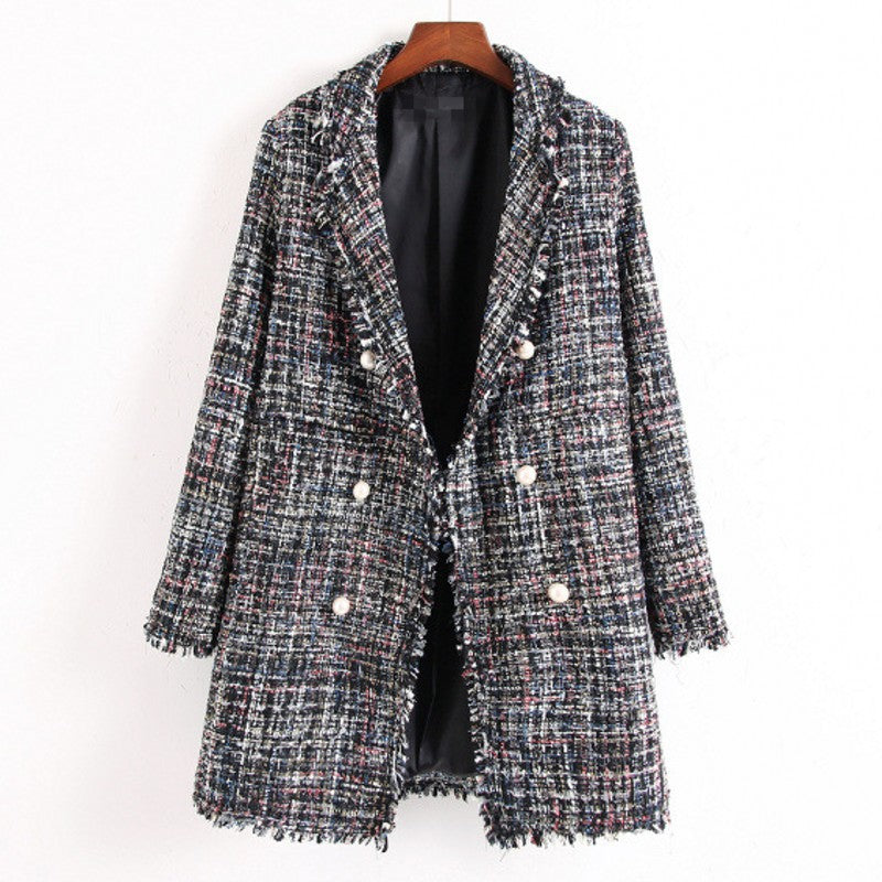 Women Tweed Jacket Fringe Check Plaid Warm Plus Size