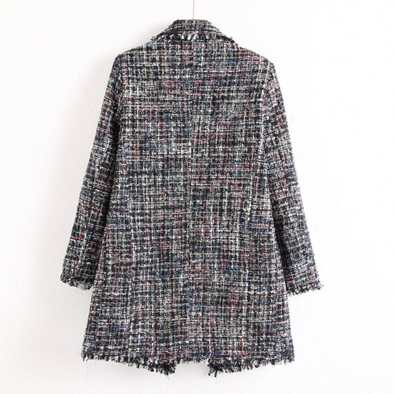 Women Tweed Jacket Fringe Check Plaid Warm Plus Size