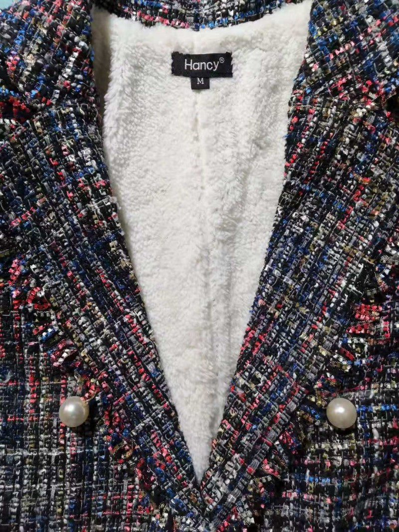 Women Tweed Jacket Fringe Check Plaid Warm Plus Size